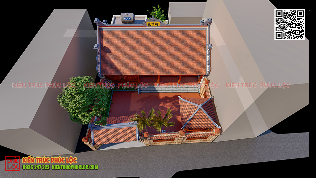 Bản vẽ 3D tổng thể khuôn viên nhà gỗ 3 gian 1 buồng